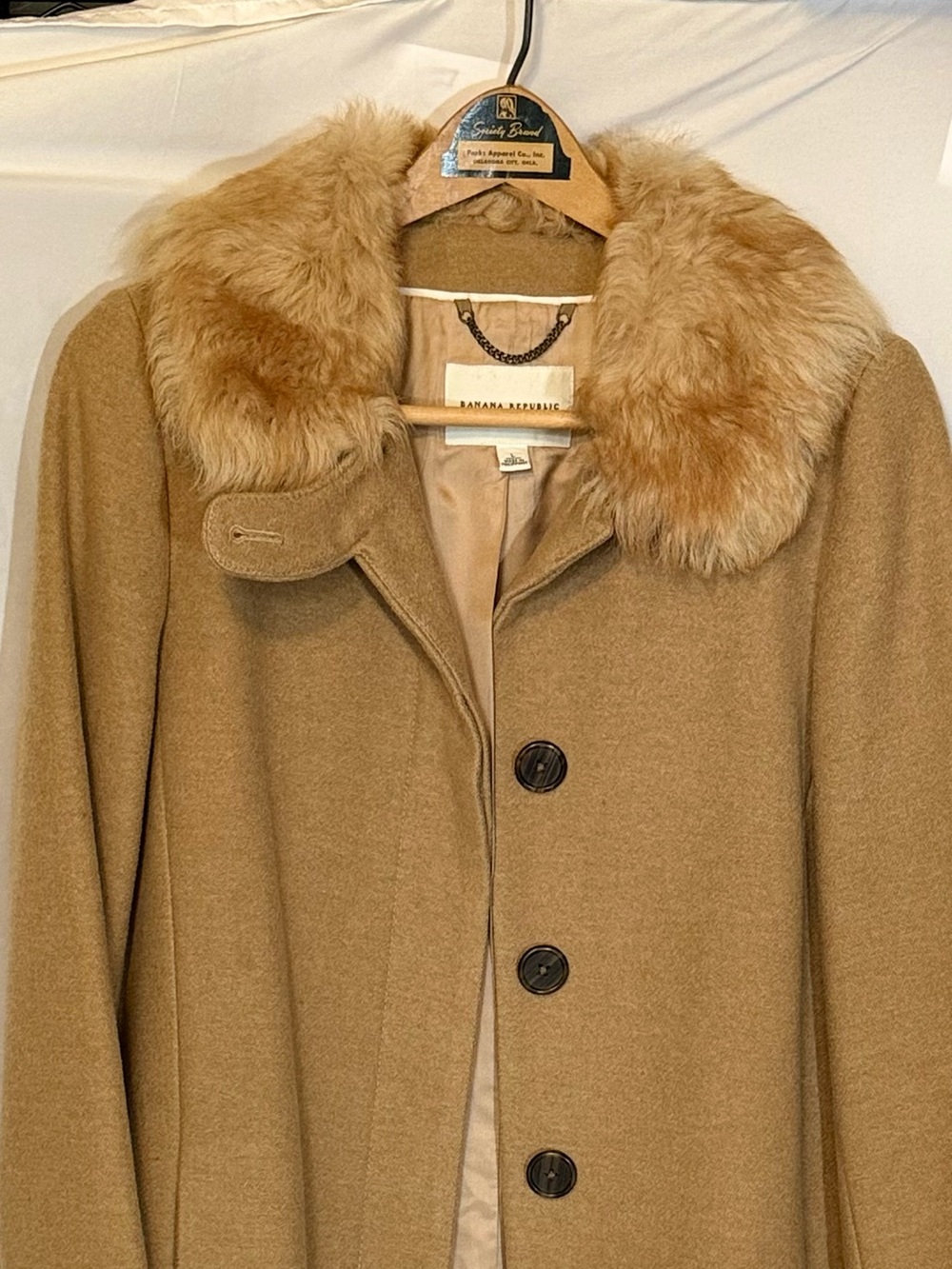 Banana Republic Camel Wool Pea Coat with Italian Shearing Lamb Collar Size Large